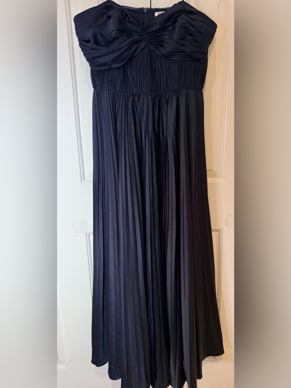 Amur Strapless Accordion Pleats Pleated Navy Maxi Dress Classic Formal Gown